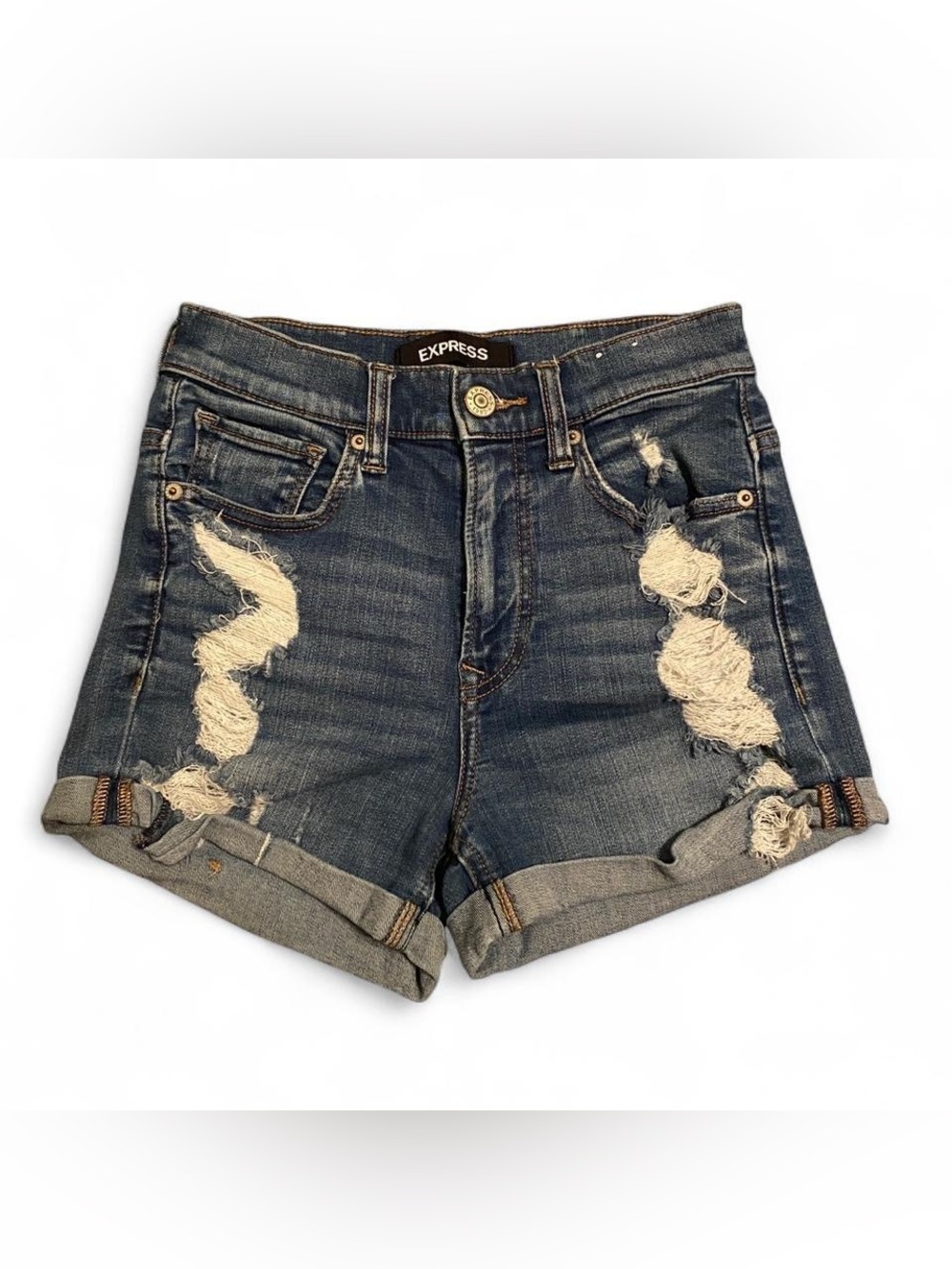 Express Distressed Rolled Cuff Denim Shorts - Dark Blue